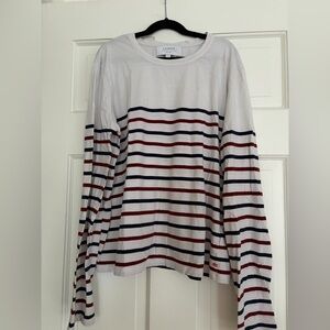 La Ligne Striped Long Sleeve Tee in White with Navy & Burgundy